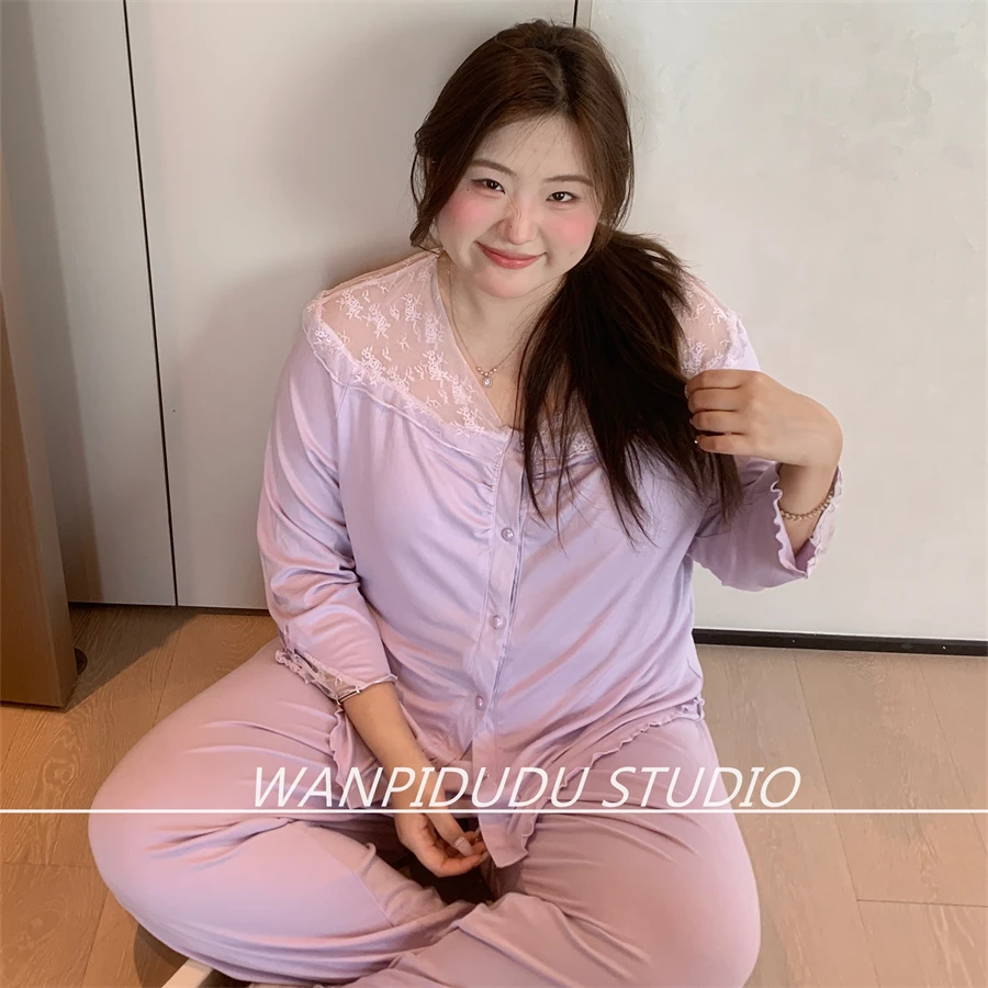 大码胖MM200斤秋季长袖长裤莫代尔淡紫V领简约纯色系睡衣打底