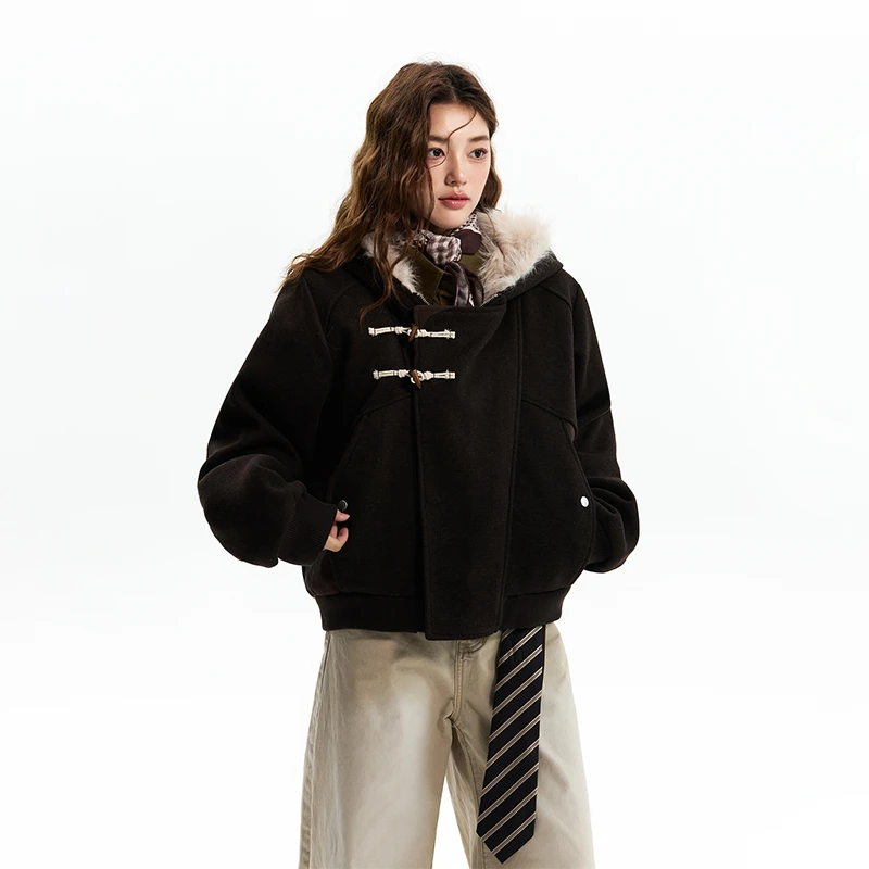 达蒙岛冬季暖系穿搭1500G斜开衫牛角扣座山雕毛呢棉服棉衣女外套