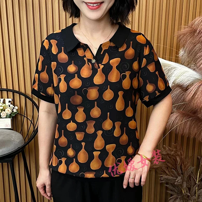 中老年女装夏季薄款翻领印花减龄休闲宽松显瘦洋气妈妈装短袖上衣