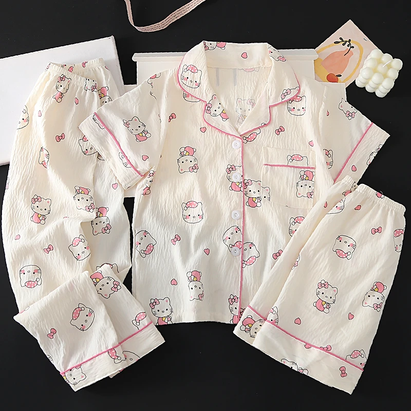 hellokitty女童睡衣2025新款夏季云朵棉三件套儿童女孩家居服套装
