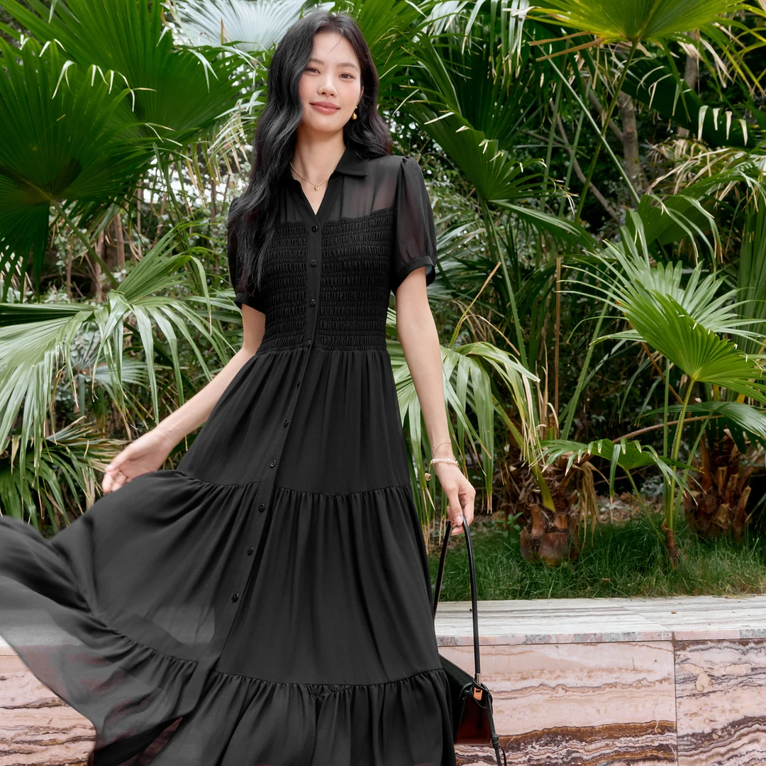 【天鹅裙】伊芙丽设计感雪纺衬衫连衣裙女夏鱼尾蛋糕裙蕾丝显瘦气质