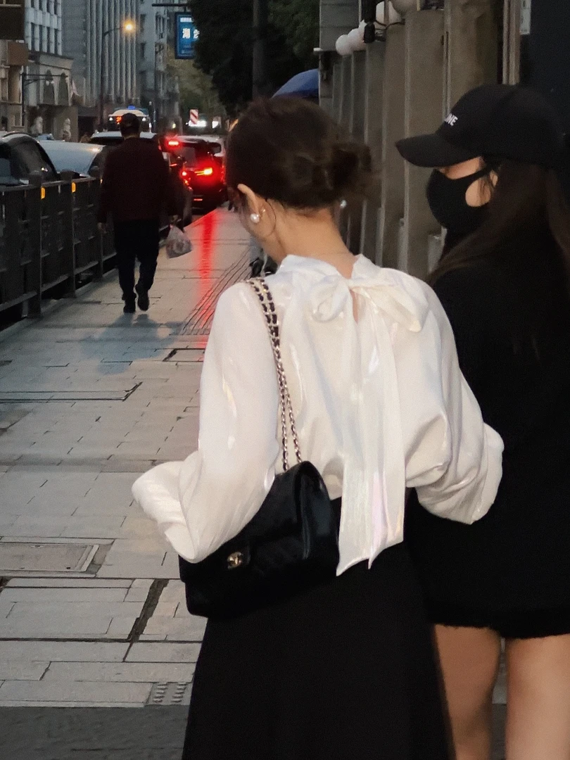 【江婉专属】长袖时尚春季设计法式白色褶皱衬衫4XCXB6355