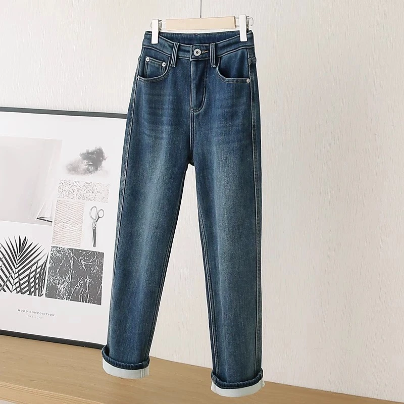 怀旧蓝加绒法棍牛仔裤女直筒裤高腰烟管裤加厚2025新秋冬显瘦长裤