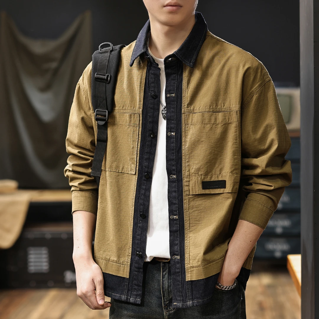 MR.MUDI/穆迪先生纯棉假两件长袖工装衬衫男秋季新款宽松衬衣外套