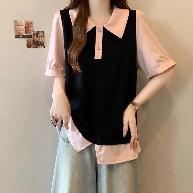 粉色POLO领拼接假两件衬衫女夏大码胖mm显瘦遮肚正肩短袖T恤上衣