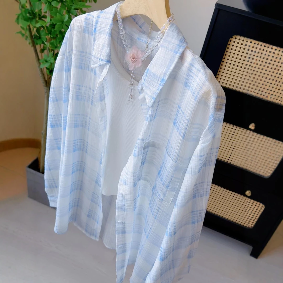 十三行甜美风蓝色格子防晒衬衫女夏季百搭薄款透气衬衣配背心套装