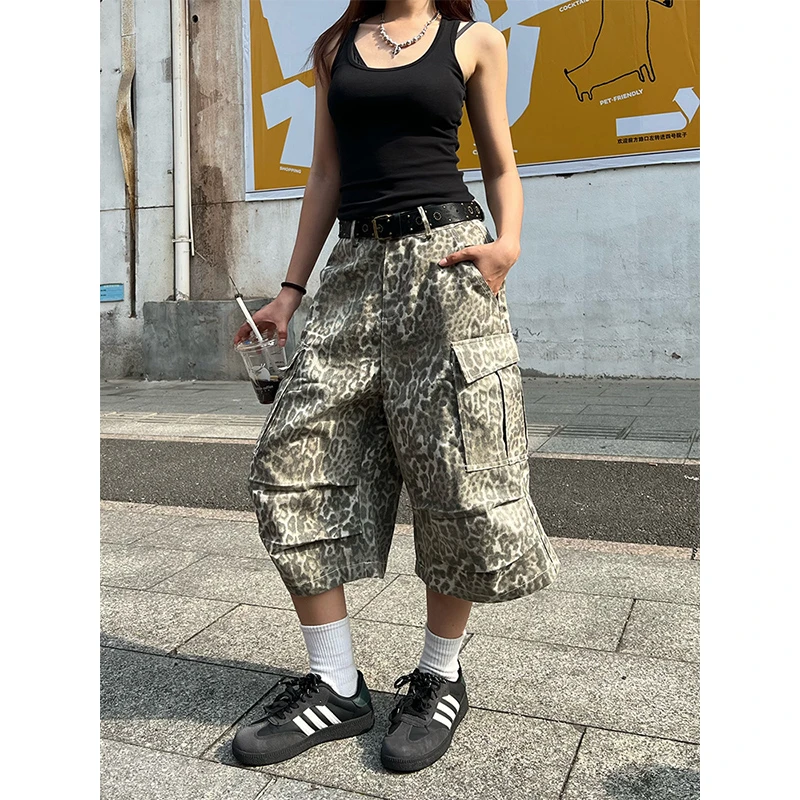 克林菲美式复古豹纹工装七分裤女设计感高街宽松a字多口袋中裤子
