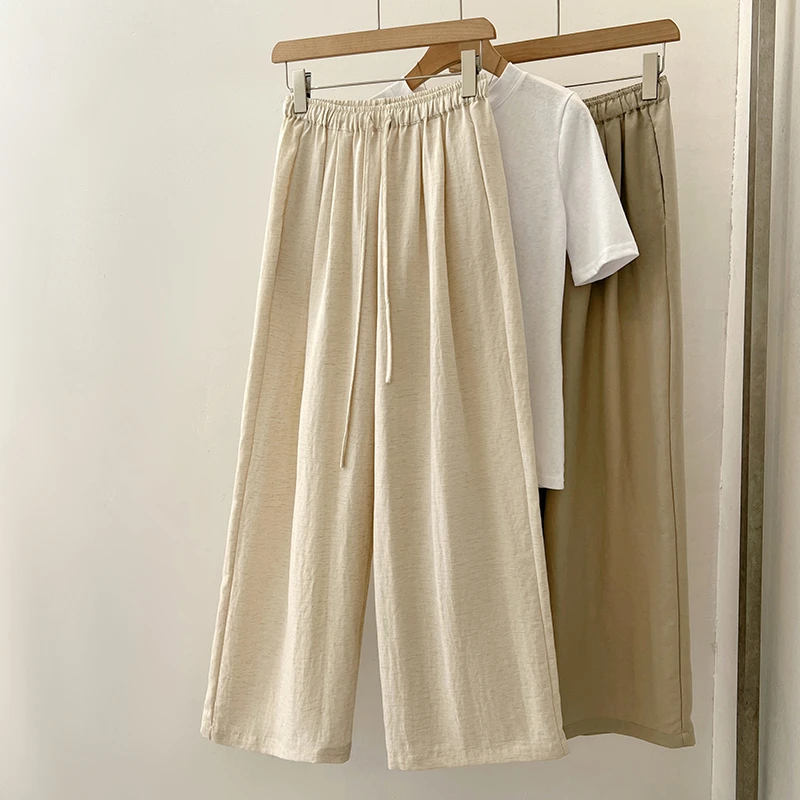 肌理感汉麻阔腿九分裤新款夏季抽绳松紧腰麻料薄款舒适自在裤