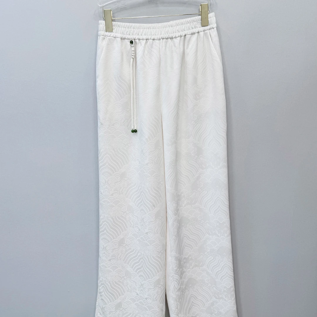 【海水纹】中式白色阔腿裤女春秋新款中国风松紧腰提花休闲女裤8229