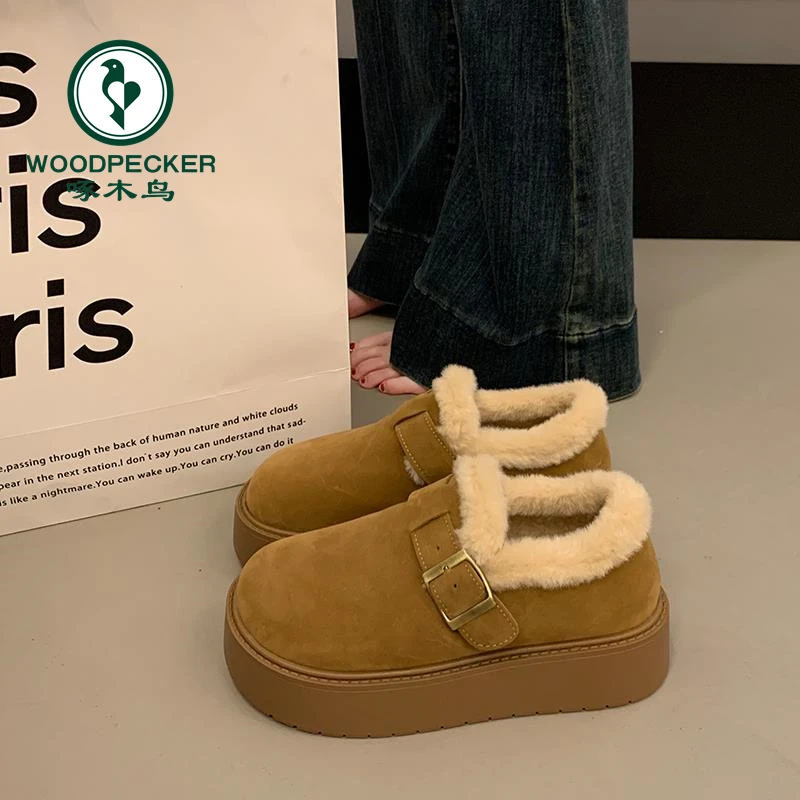 啄木鸟厚底加绒勃肯鞋女2025新款秋冬季乐福鞋博肯棉鞋毛毛雪地靴