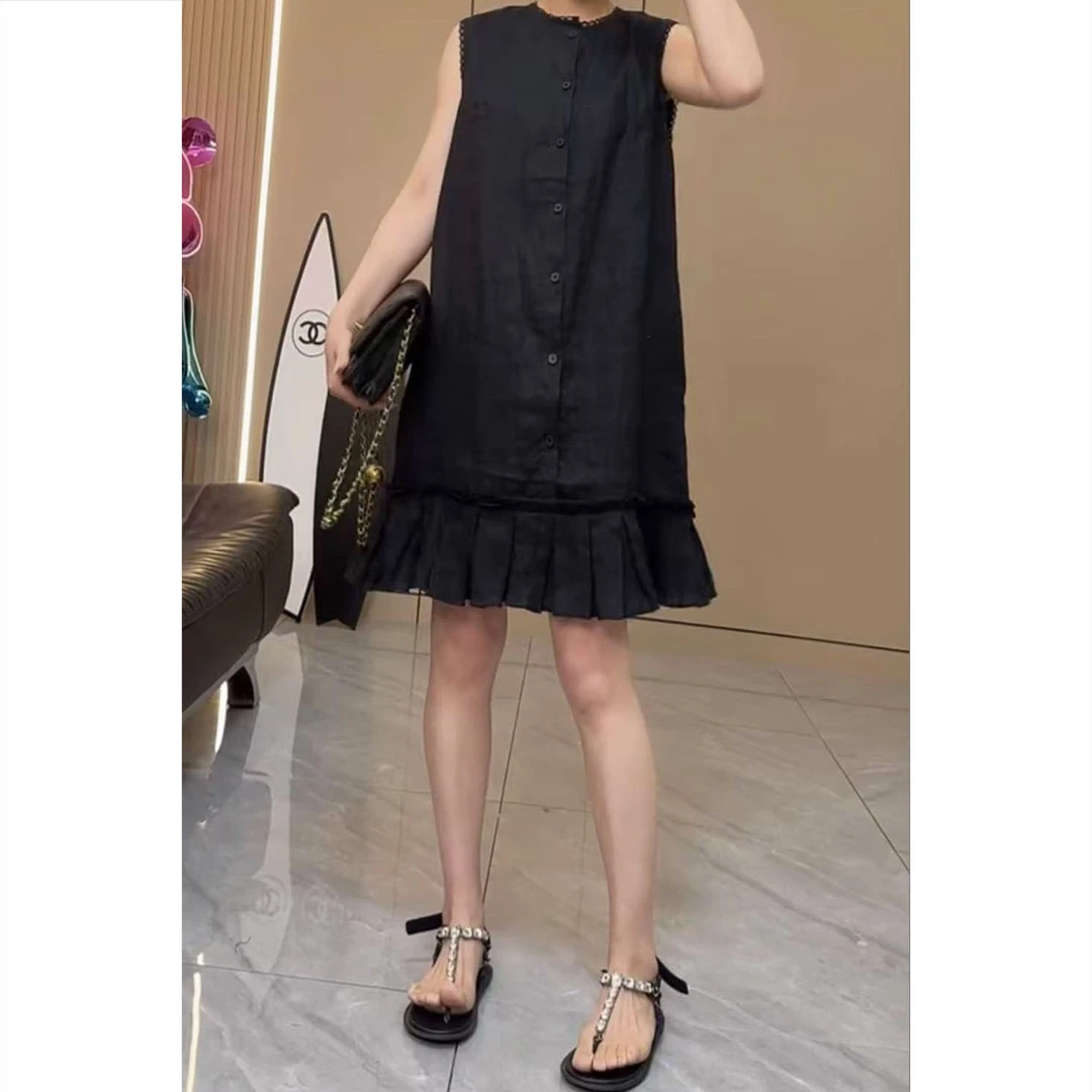 艾塔莉夏季薄款连衣裙无袖花边气质及膝裙子气质纯色显瘦修身透气