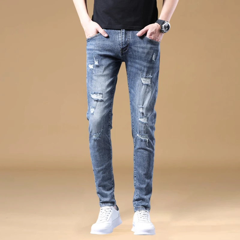Cebrodz夏季高端型男士潮流牛仔裤时尚百搭破洞贴布高档裤子H03