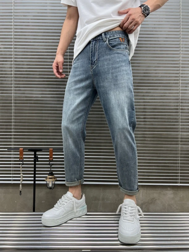 夏季薄款男士水洗修身小脚九分牛仔裤时尚百搭弹力锥形牛仔裤D542