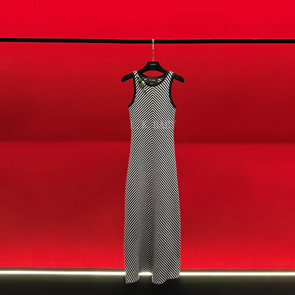 【L.K.BABY】可可依人法式高级感绫罗丝玫瑰气质显瘦条纹连衣裙w081