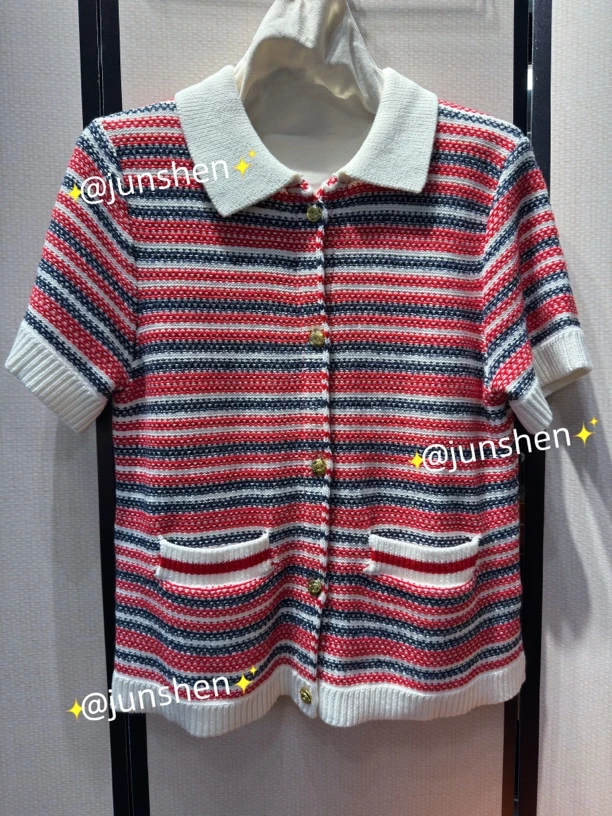 【竣深Junshen】编号F01-0525新款条纹翻领短袖开衫，羊毛纱线