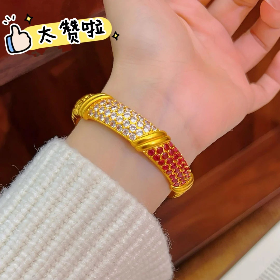铜合金珐琅手镯 重工镶嵌彩钻宽面手镯轻奢高级感卡扣锤纹手镯
