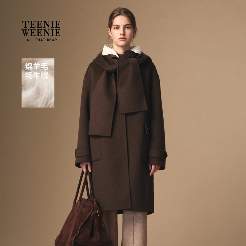 TeenieWeenie小熊双面毛呢大衣25秋时尚围巾款大衣女TTJW254TW8D