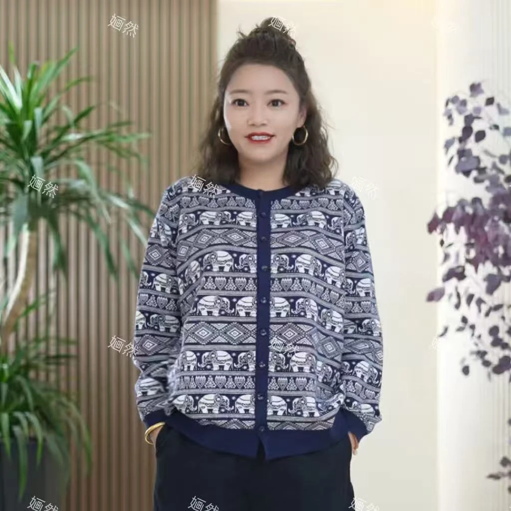强捻包芯纱秋季针织衫小象提花复古民族风弹力大码韩版开衫上衣女