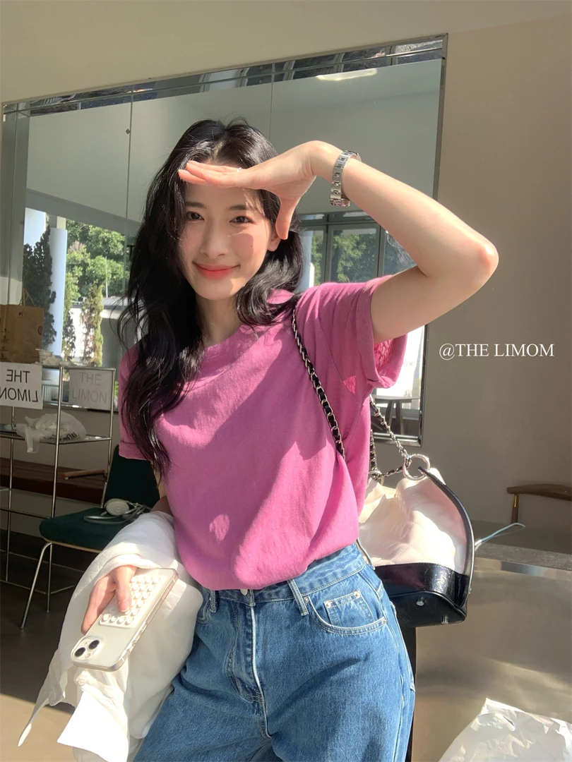 简约纯色基础短袖T恤女夏季新款百搭宽松显瘦圆领打底雪花棉上衣