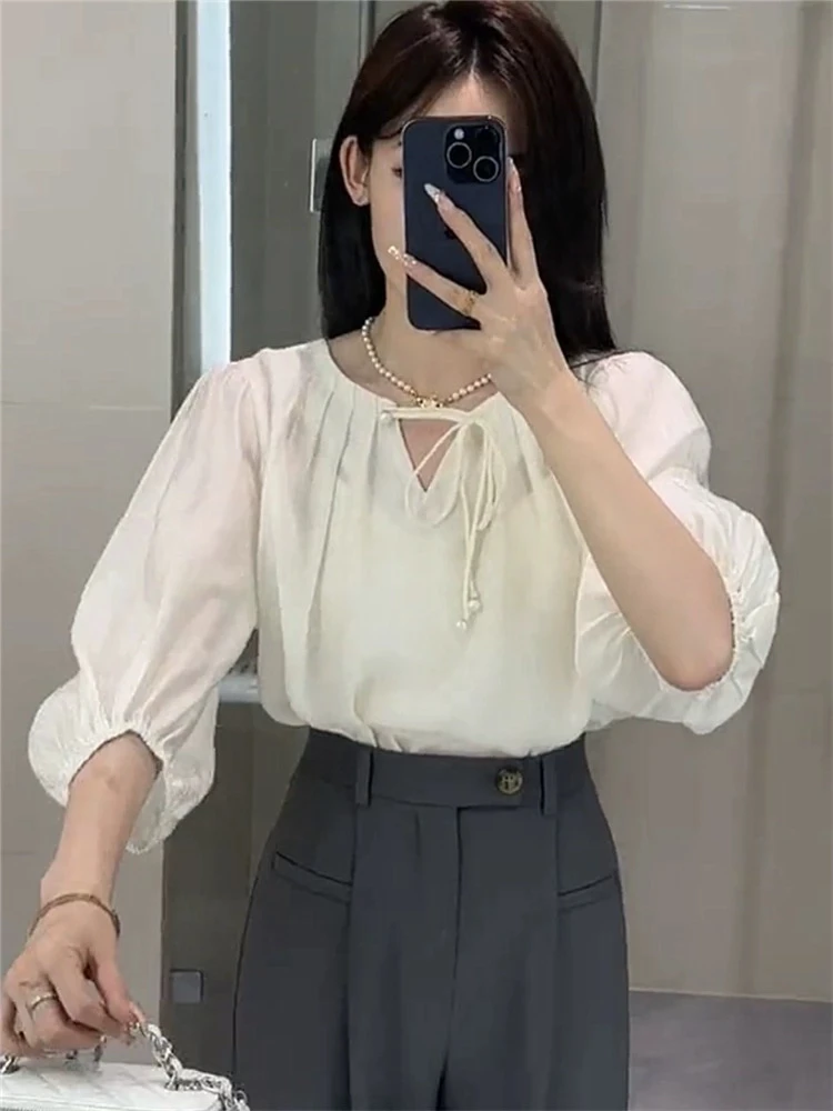 66013#法式别致衬衫女2025新款独特漂亮小衫宽松遮肚子雪纺上衣