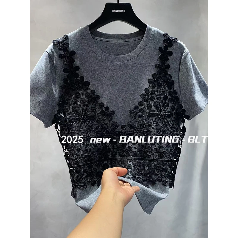 YBF.2025夏季新款圆领假两件蕾丝T恤女显瘦百搭休闲时尚短袖衣