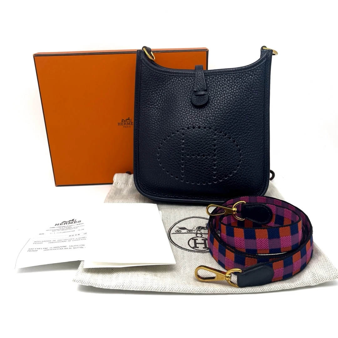 99新 Hermes/爱马仕 大全套带票 午夜蓝 mini伊芙琳 金扣编织肩带