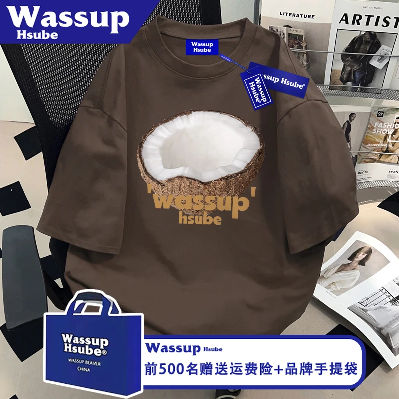 WASSUP HSUBE国潮牌夏季椰子印花上衣棕色小众T恤ins纯棉男女短袖