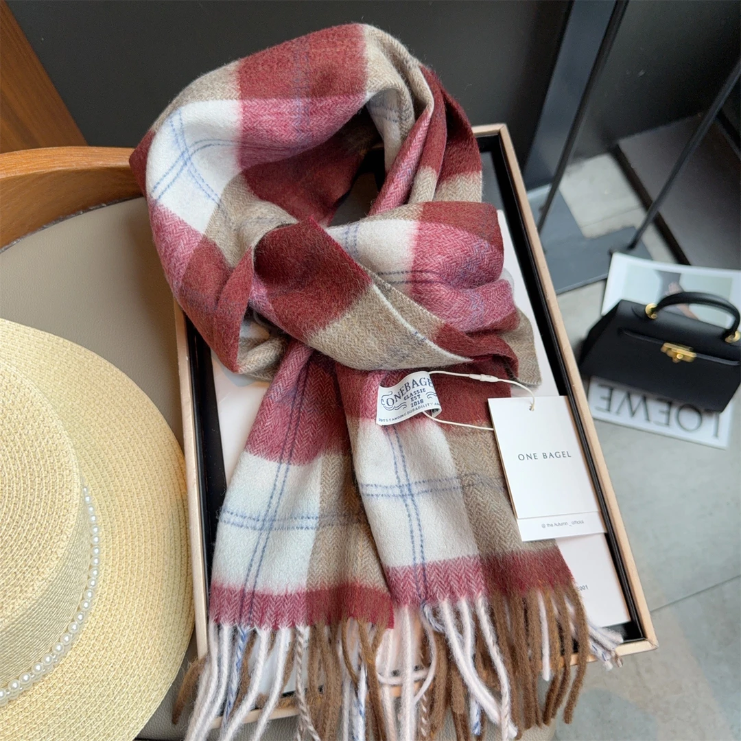 Miss both新款羊毛围巾女冬节日氛围感新年礼物红色格子保暖围脖