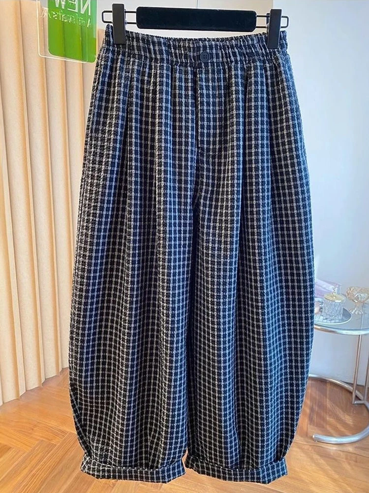 2025新款宽松休闲百搭阔腿高级感格子哈伦裤女大码夏薄款裤气球裤