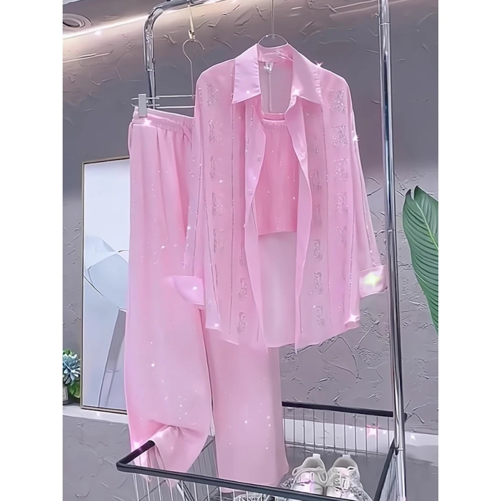 韩女流行粉色系春装一整套洋气背心高级细闪开衫宽松衬衫三件套潮