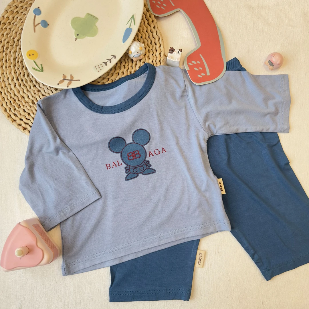 两套福利 儿童家居服套装卡通春夏短袖七分袖套装莫代尔棉莫代尔