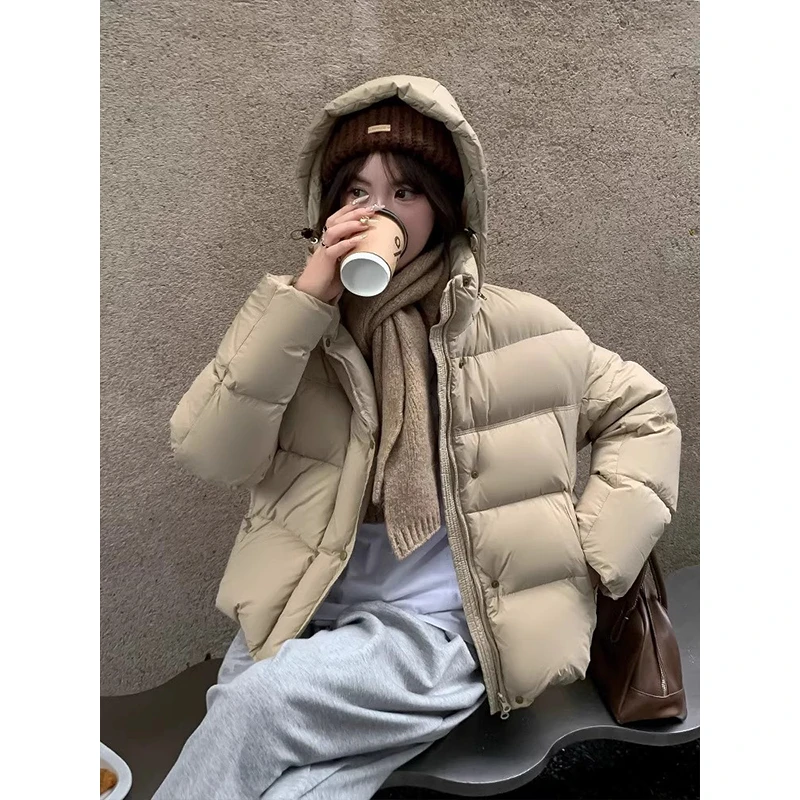 卡其色泡芙龟背短款羽绒服女2025冬新款加厚白鸭绒连帽面包服外套