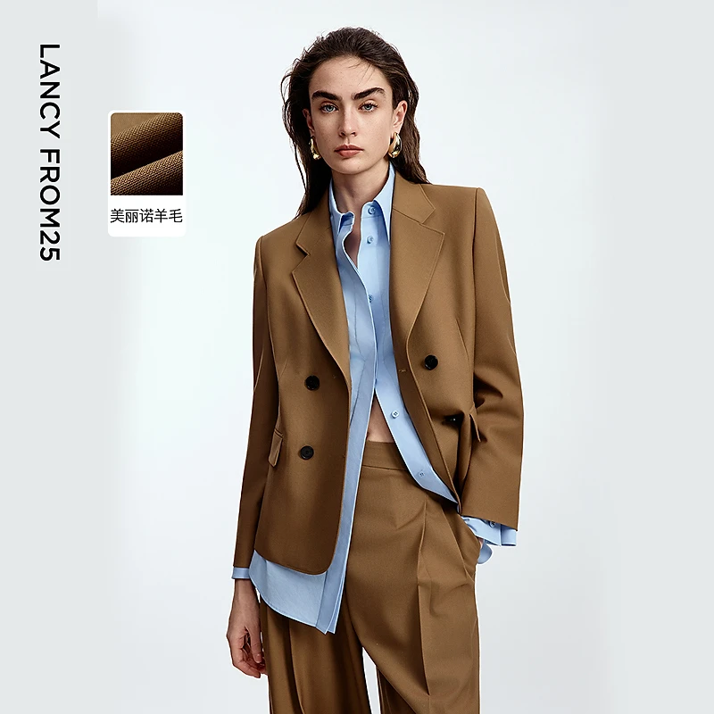 朗姿纯羊毛通勤西服/西裤气质美拉德修身西装外套2025年秋季新款