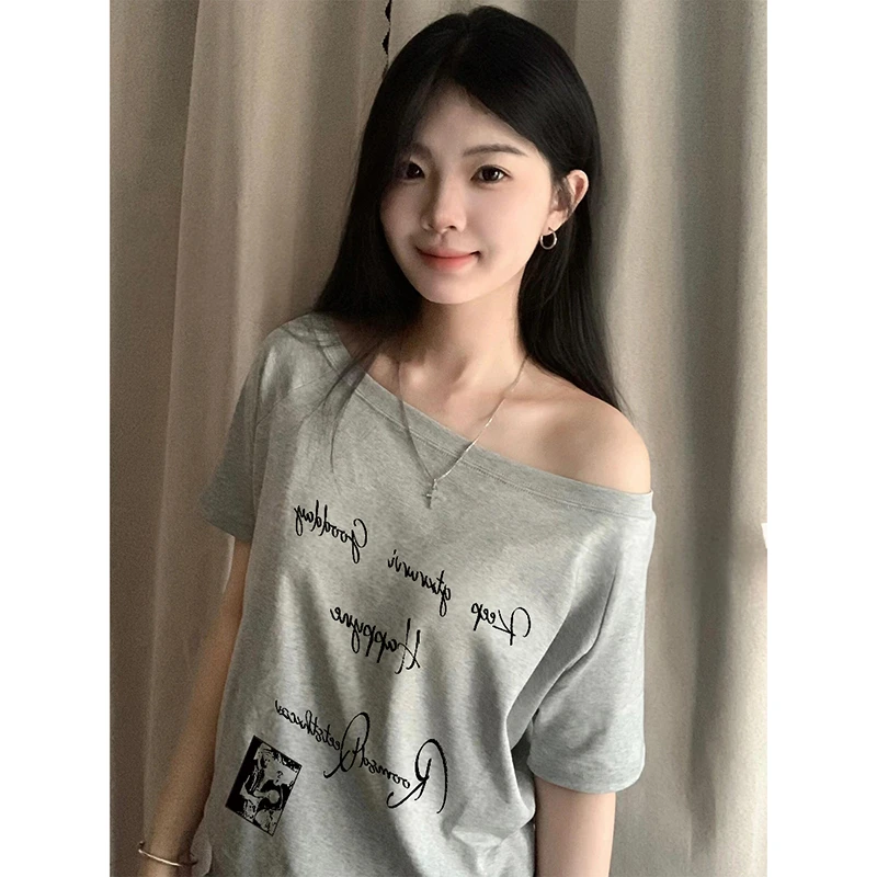 韩版复古字母印花一字肩斜肩短袖女夏季新款简约休闲宽松显瘦上衣