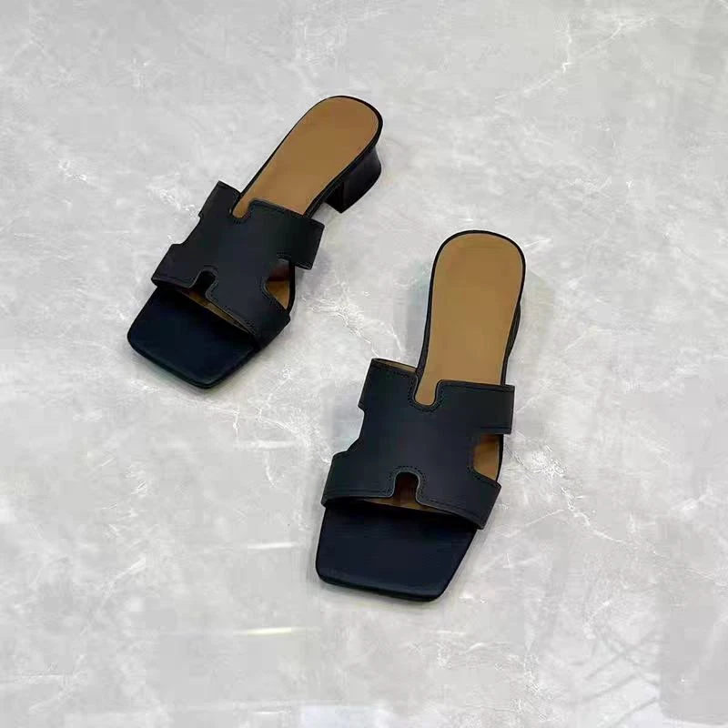 新款真皮方头露趾夏季凉拖舒适粗跟外穿C9-2206