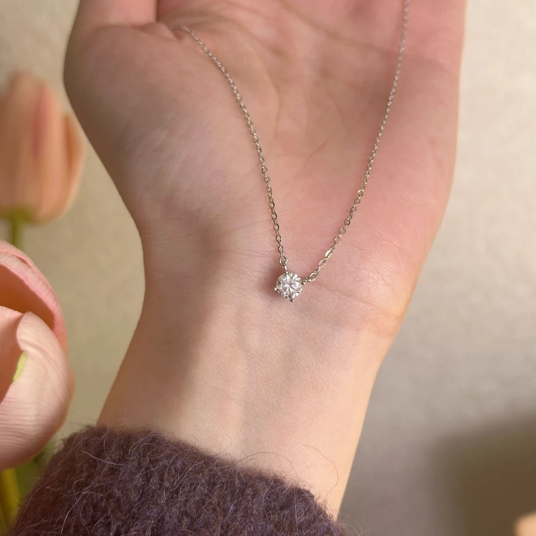 坠链均925银合成锆石 50分锆石项链锁骨链四爪镶日常百搭经典5040