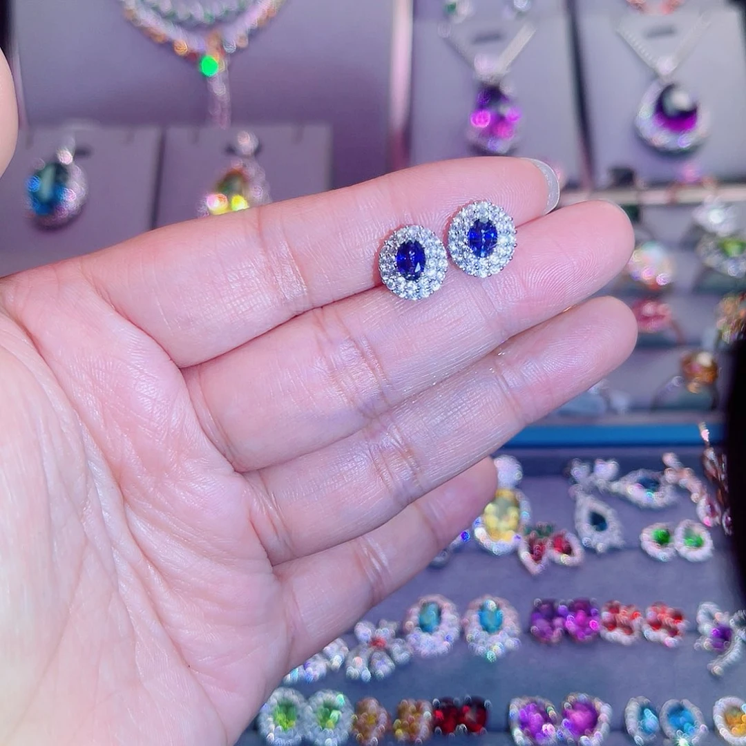 耳饰蓝宝石银S925镶嵌