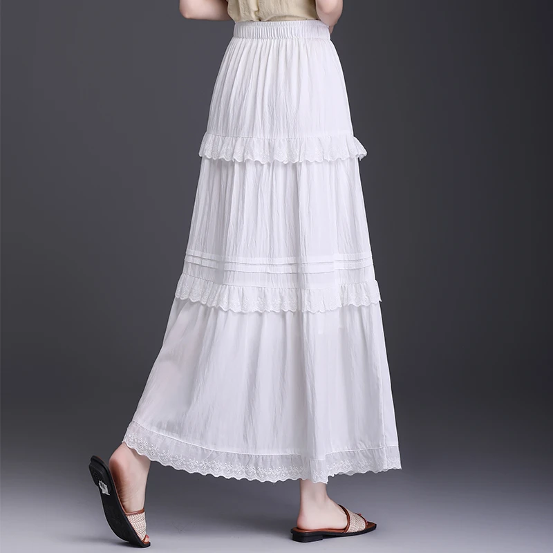 黑色蕾丝半身裙女夏季薄款2025新款高腰a字裙中长款百褶裙子