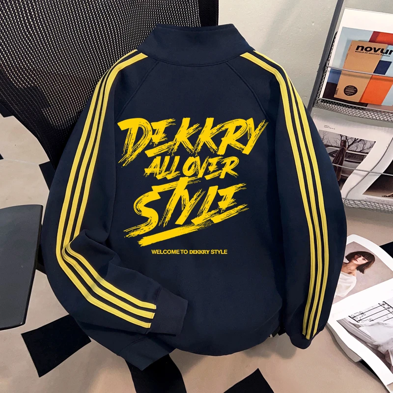 Dekkry美式高街字母印花秋冬立领开衫三条杠卫衣男女百搭休闲外套