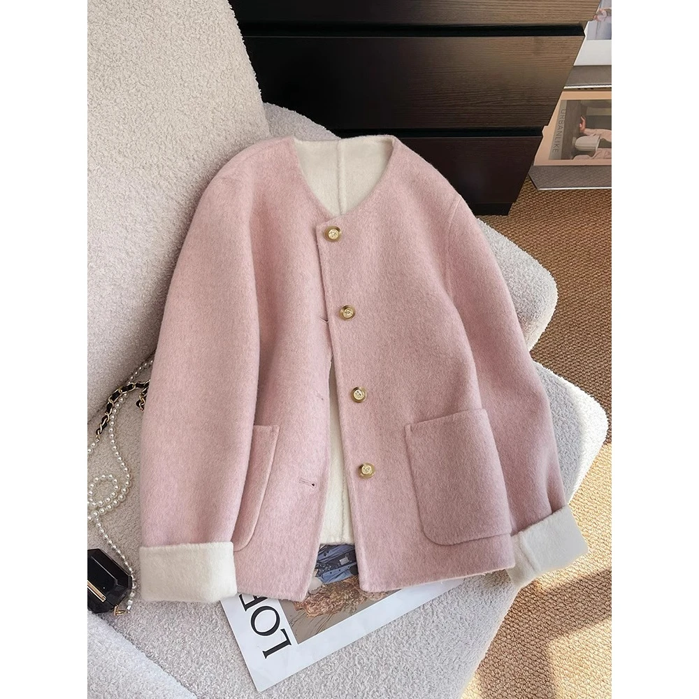 粉色小香风双面百搭毛呢外套女2025早春高级感超好看短款呢子大衣