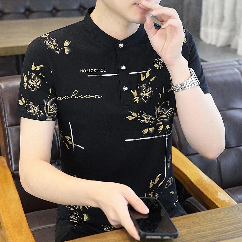 立领短袖棉T恤男士休闲轻商务薄款印花短袖夏季新款POLO衫短袖t恤