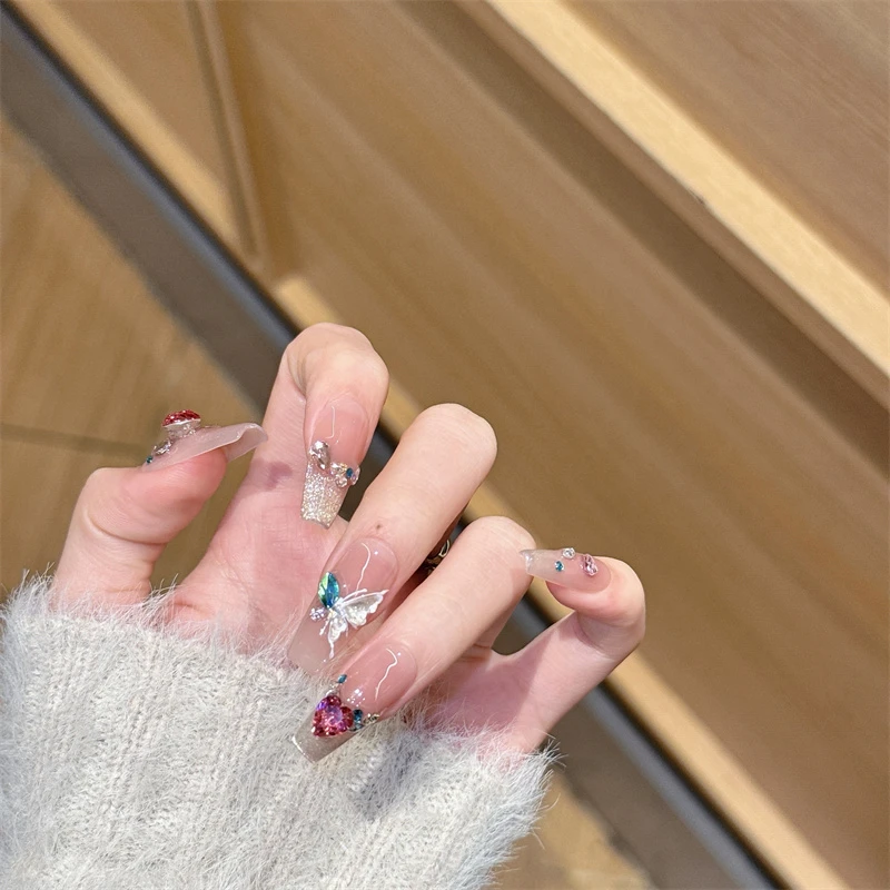纯手工定制穿戴甲 粉蝶美甲贴片可拆卸假指甲贴10片春季蝴蝶新款