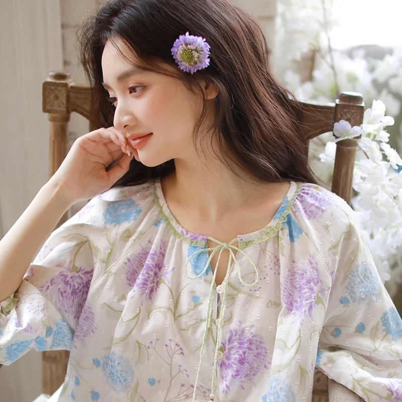 春夏纯棉女士睡裙甜美印花宽松设计感气质碎花五分袖睡裙
