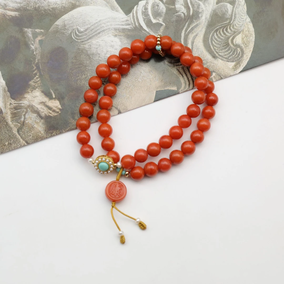 【妙安原创】满色南红双圈绿松配石银镀金圆珠手串7mm