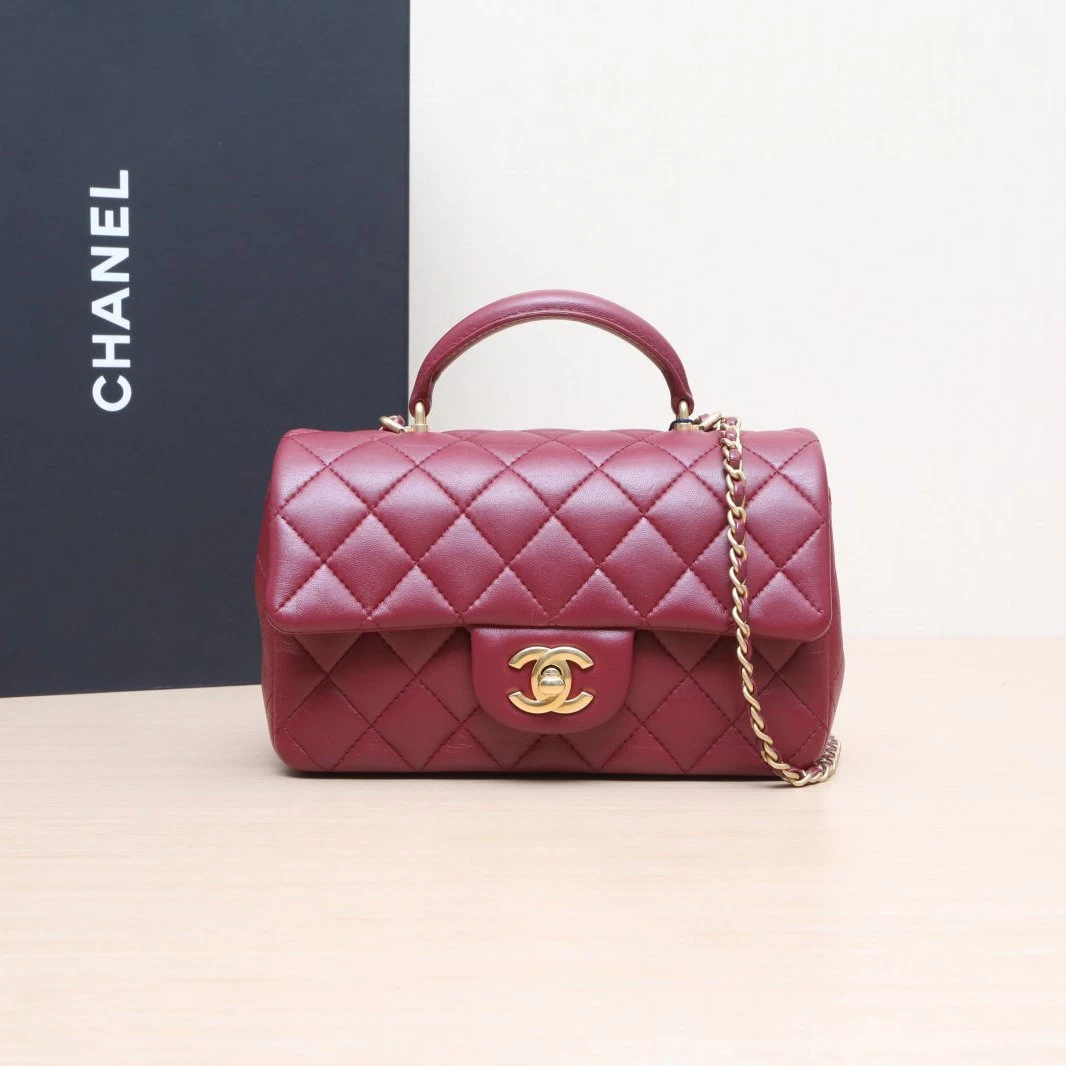 99新 Chanel/香奈儿 小花6枫CF 口盖包 手柄大Mini 酒红色 芯片开