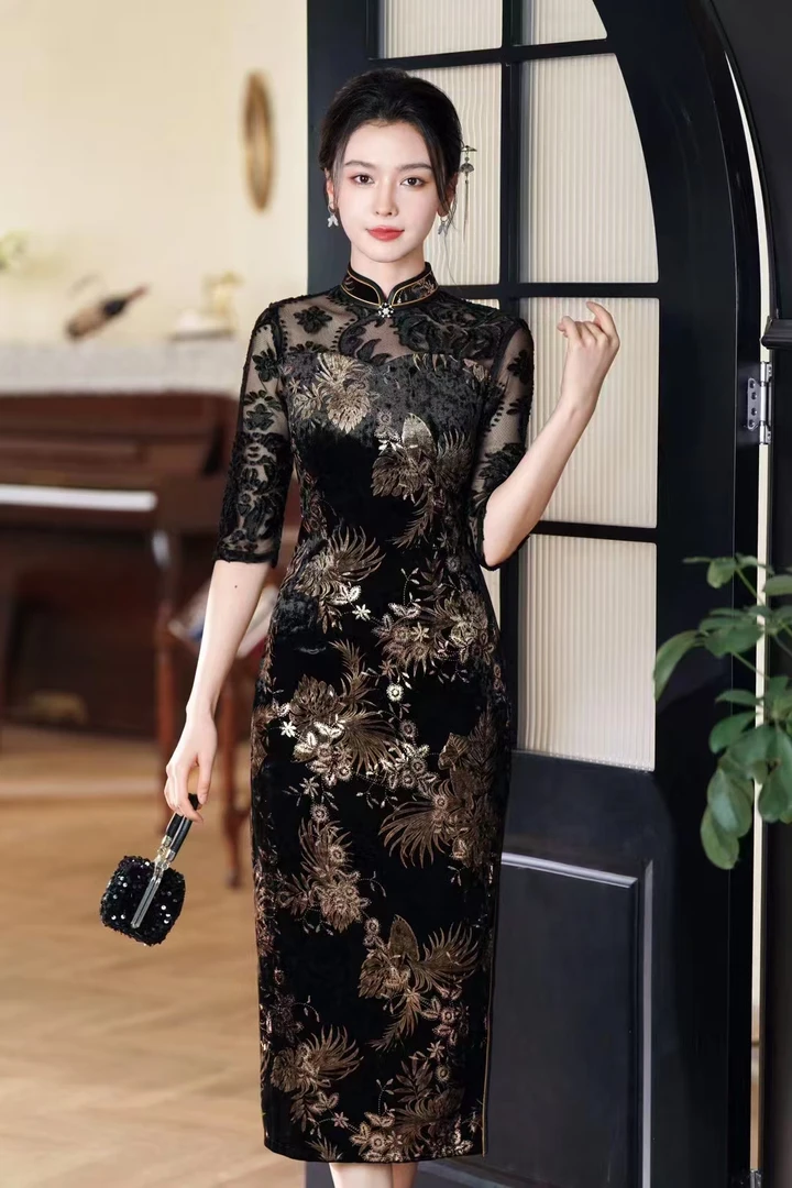 【凤凰展翅8】网纱植绒提花气质时尚修身高端丝绒烫金旗袍