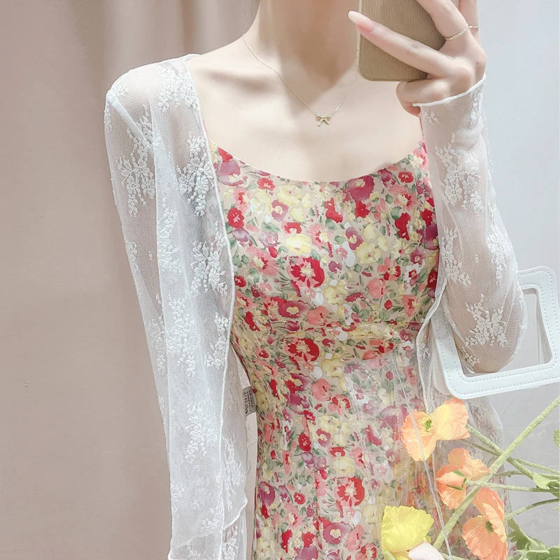 透明冰丝蕾丝防晒小开衫女薄款夏吊带裙外搭镂空披肩长袖网纱罩衫