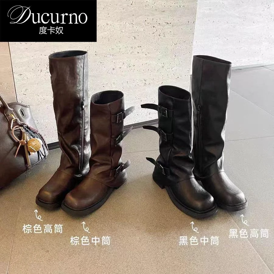 DUCURNO 橘子大叔皮带扣褶皱中筒靴方圆头厚底骑士靴西部堆堆短靴