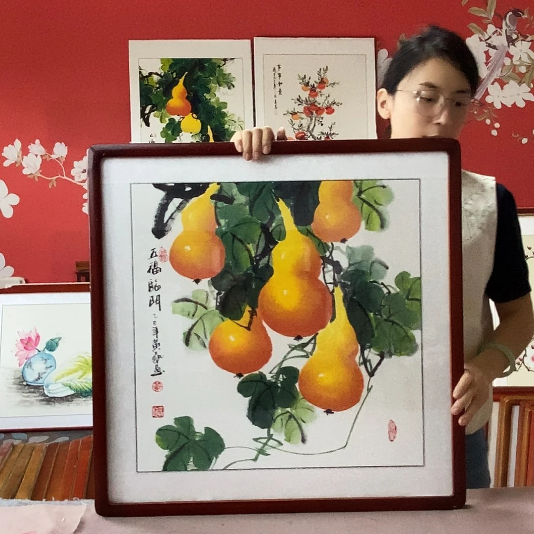 国画手写手绘国画作品带框包邮62✖️62