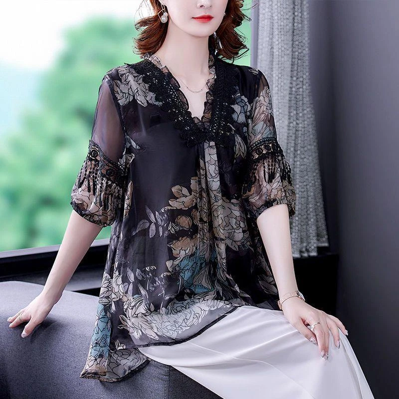 胖mm夏装雪纺衫大码蕾丝拼接百搭上衣气质遮肚子小衫时尚新款洋气